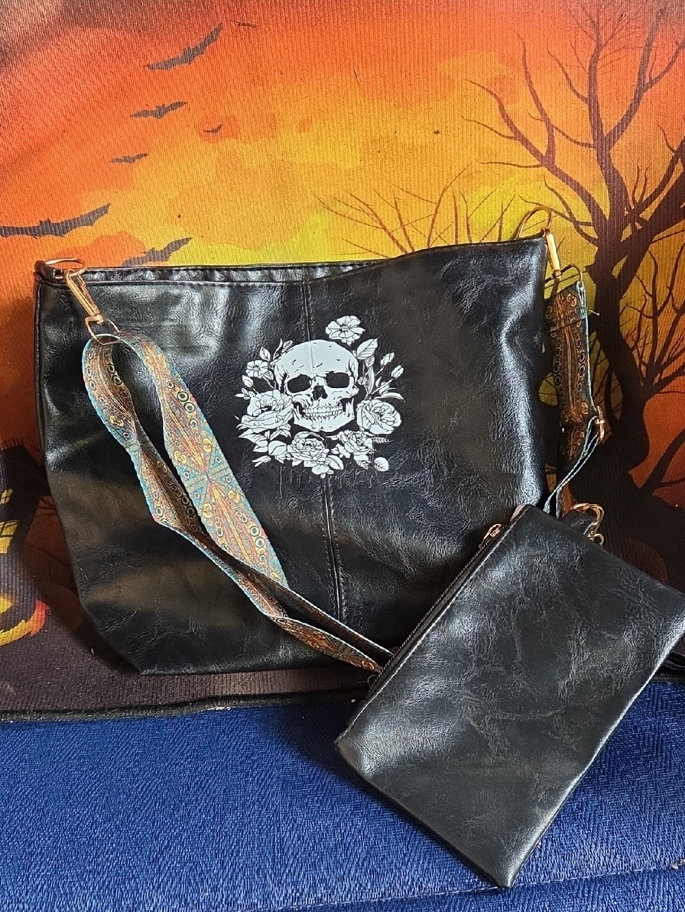 Black Skull Print Leatherette Crossbody Bag with Removable Strap
